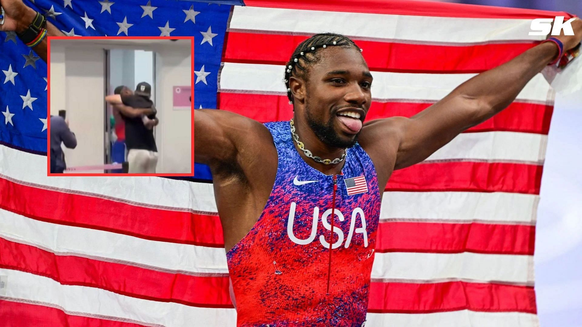 Noah Lyles celebrates with his coach at the Paris Olympics