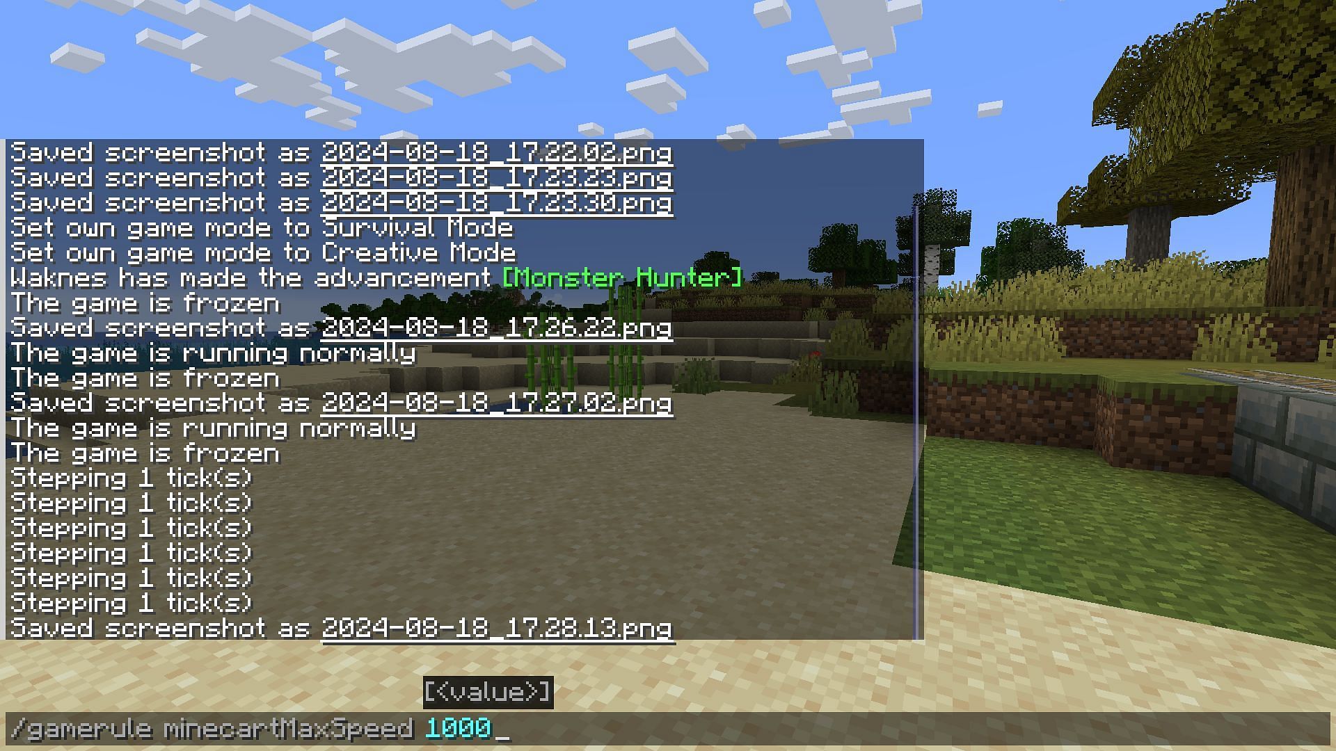 The command being used to speed up minecarts (Image via Mojang)