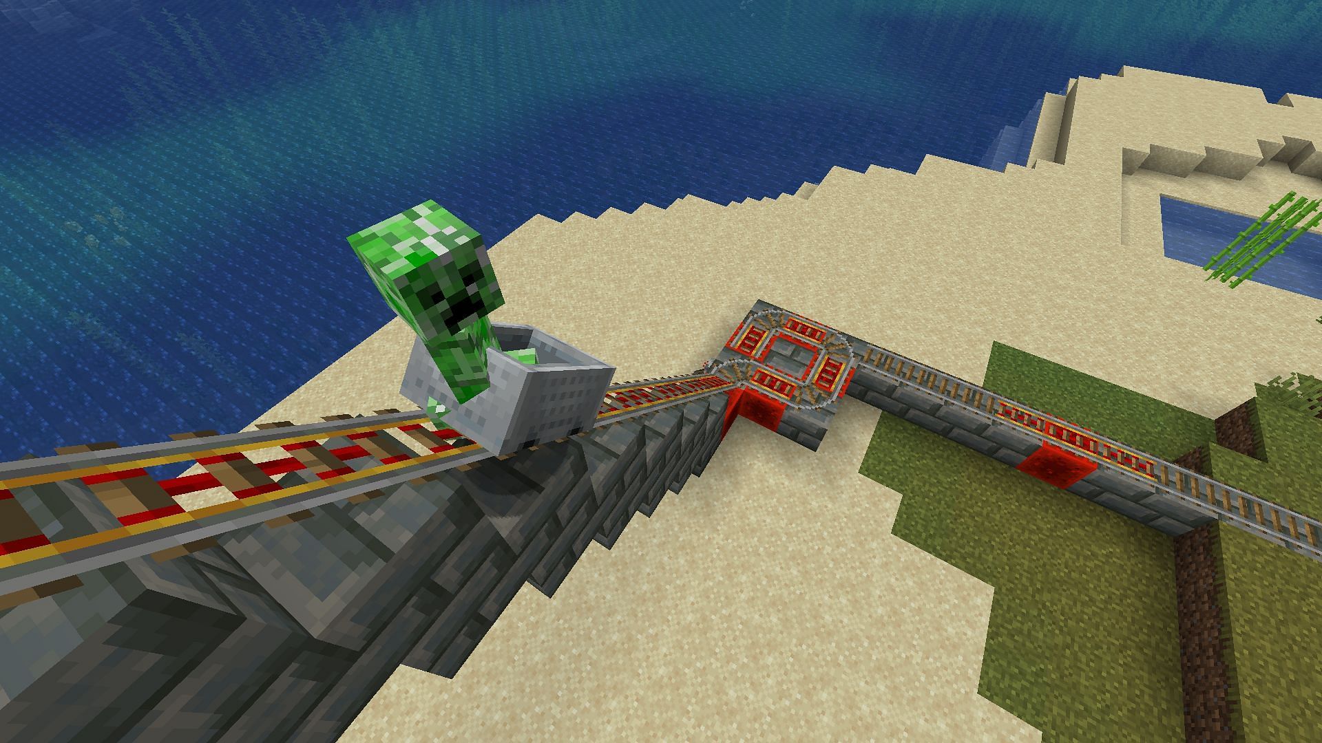 A mob being sent up the powered rail ramp (Image via Mojang)