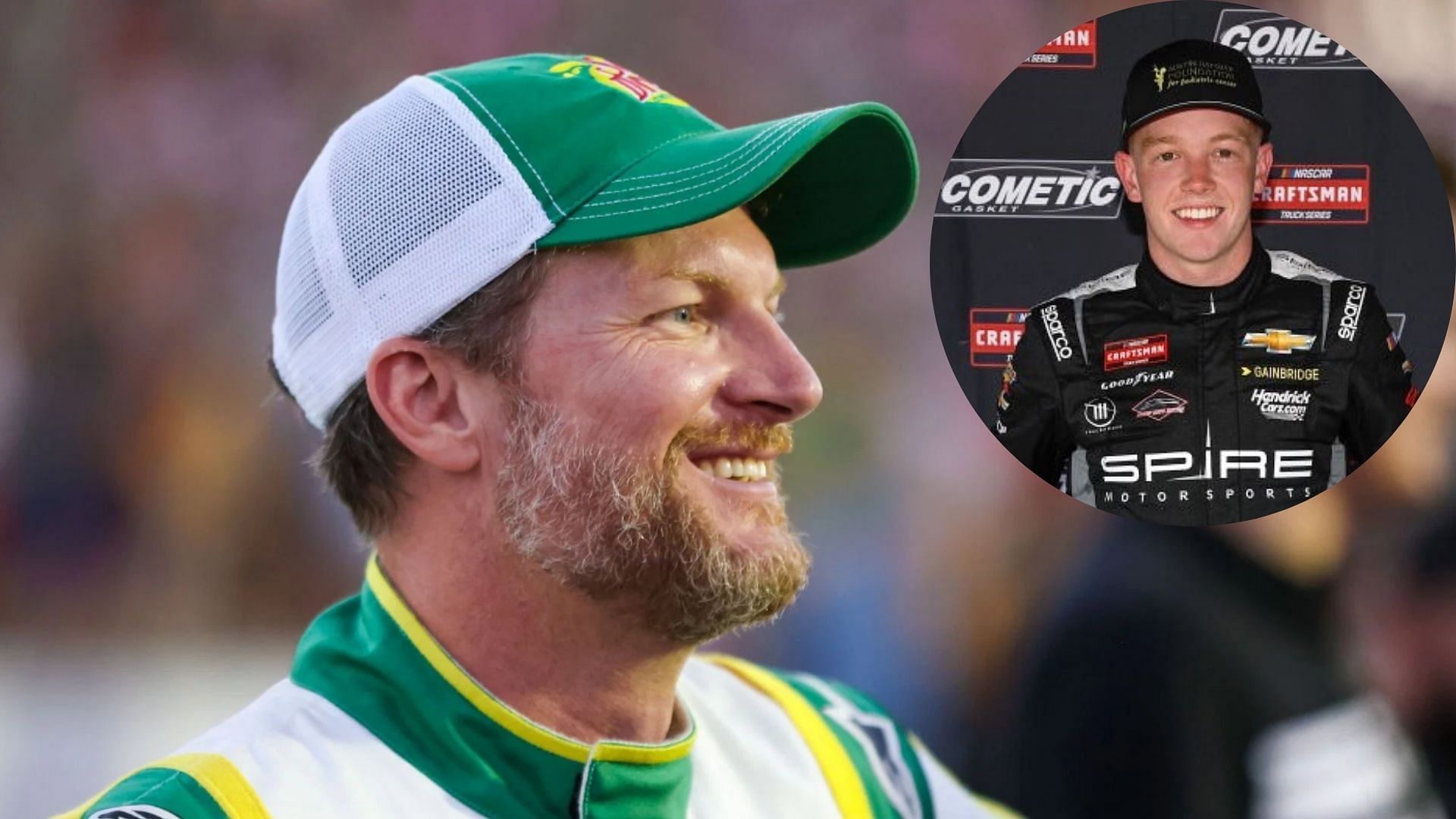 Dale Earnhardt Jr. ahead of the Cars Tour LMSC 125 race in 2022 (Source: Getty). Inset: Connor Zilisch during the 2024 NASCAR Craftsman Truck Series Xpel 225 race (Source: Getty)