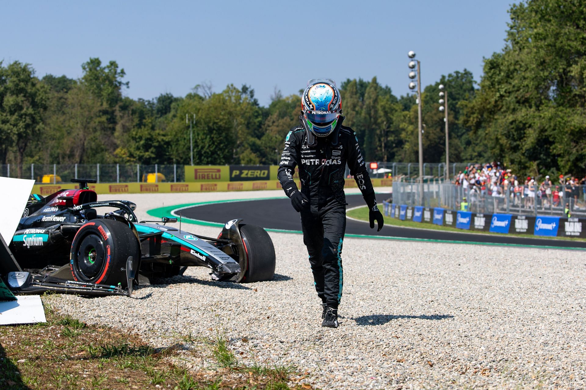 Kimi Antonelli of Mercedes AMG after crashing at Parabolica during practice ahead of the F1 Grand Prix of Italy on August 30, 2024, in Monza, Italy. (Photo by Kym Illman/Getty Images)