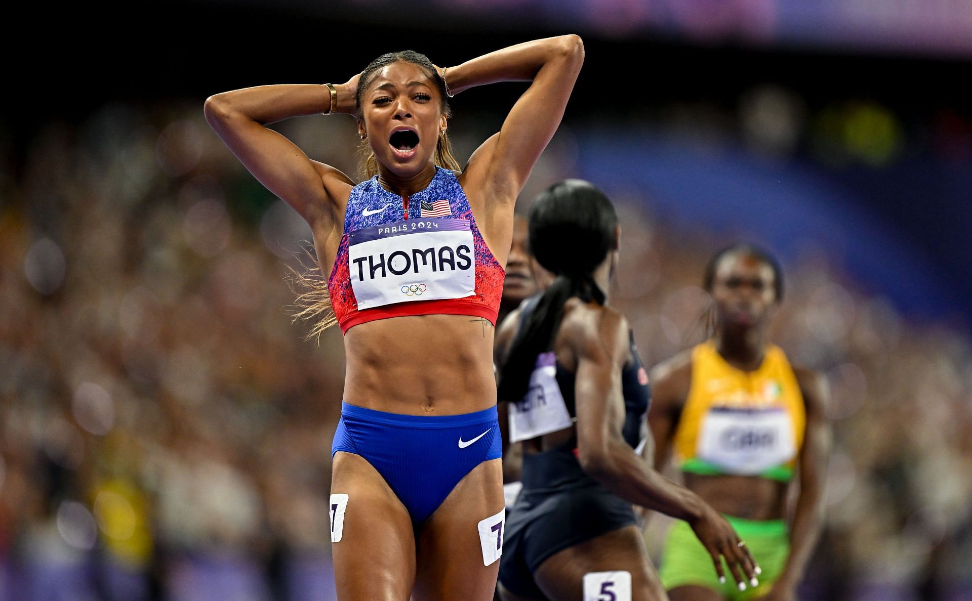 Gabby Thomas after winning 200m finals at Paris 2024 Olympic Games - Day 11 - Athletics - Source: Getty