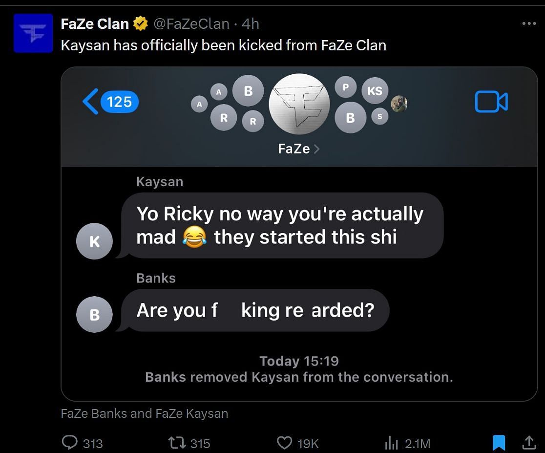 Post from the official account (Image via FaZe Clan/X)