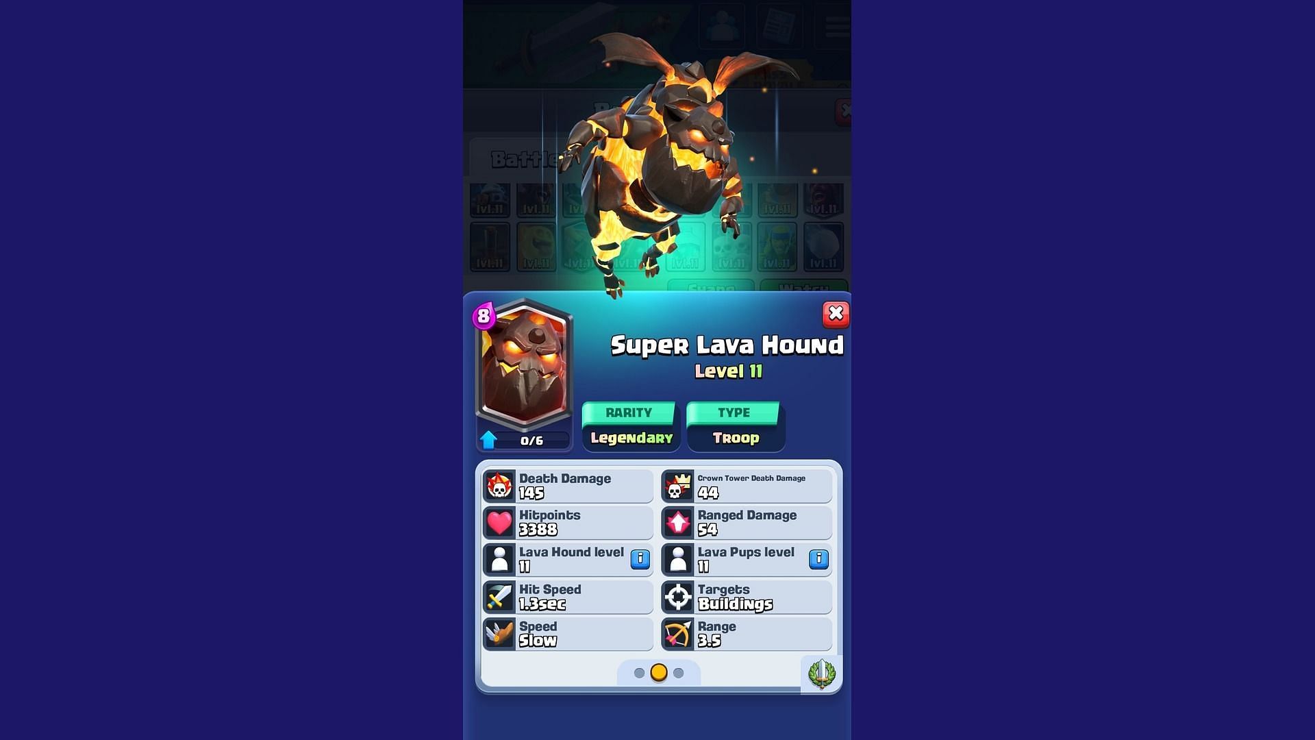 Stats of a level 11 Super Lava Hound in Clash Royale (Image via Supercell)