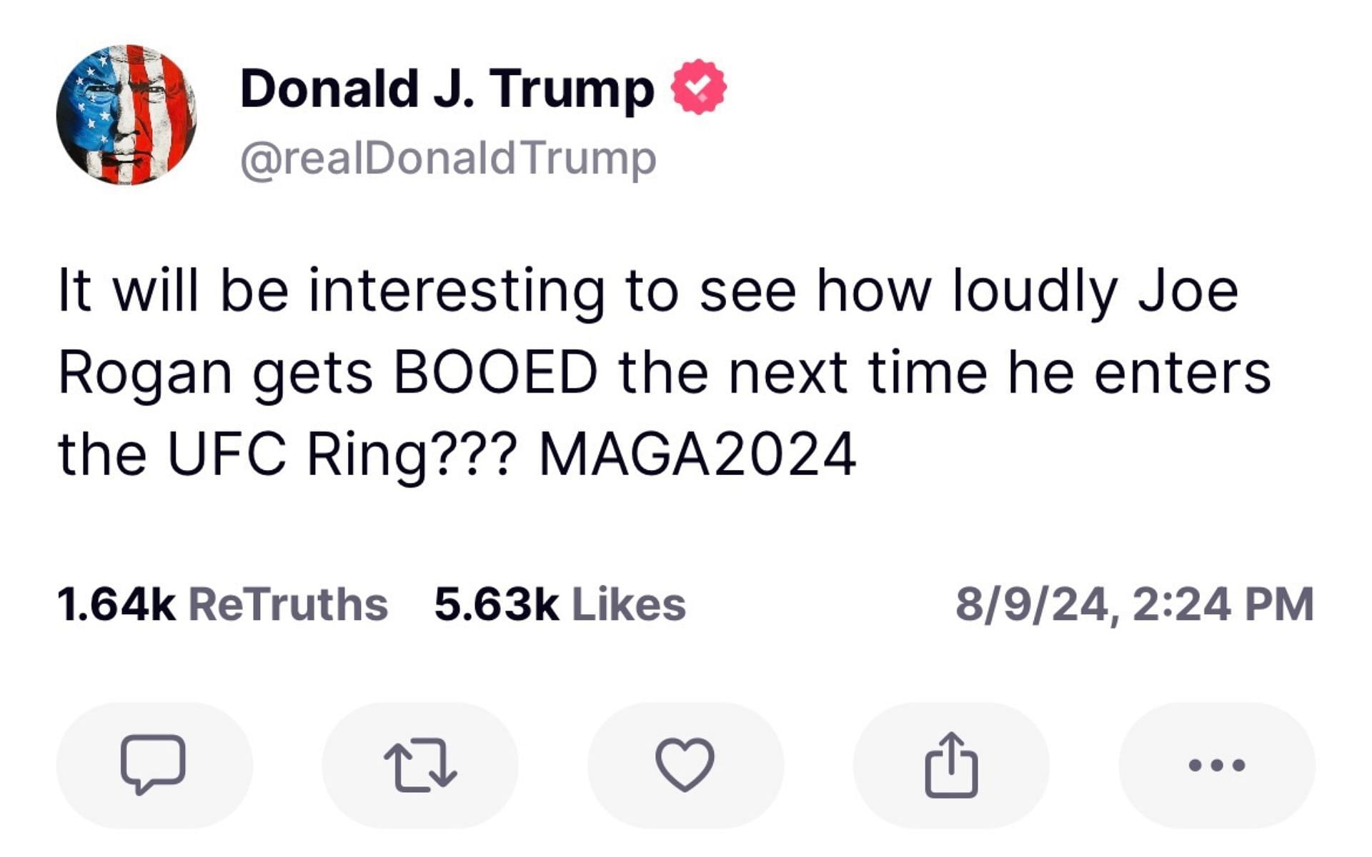 Donald Trump&#039;s reaction to Joe Rogan. [via @realdonaldtrump on Truth]