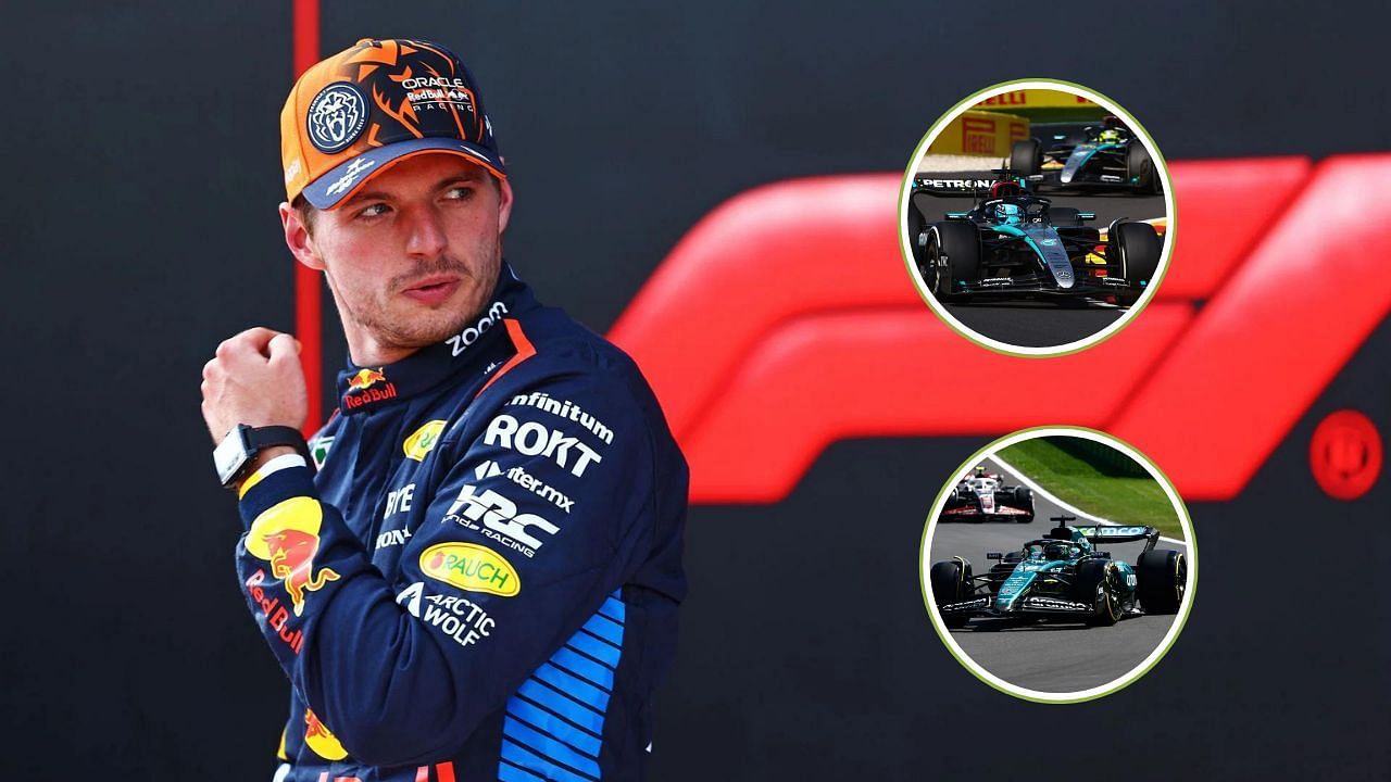 Max Verstappen. Aston Martin AMR24 and Mercedes W15 (inset). Credit: All images from Getty.