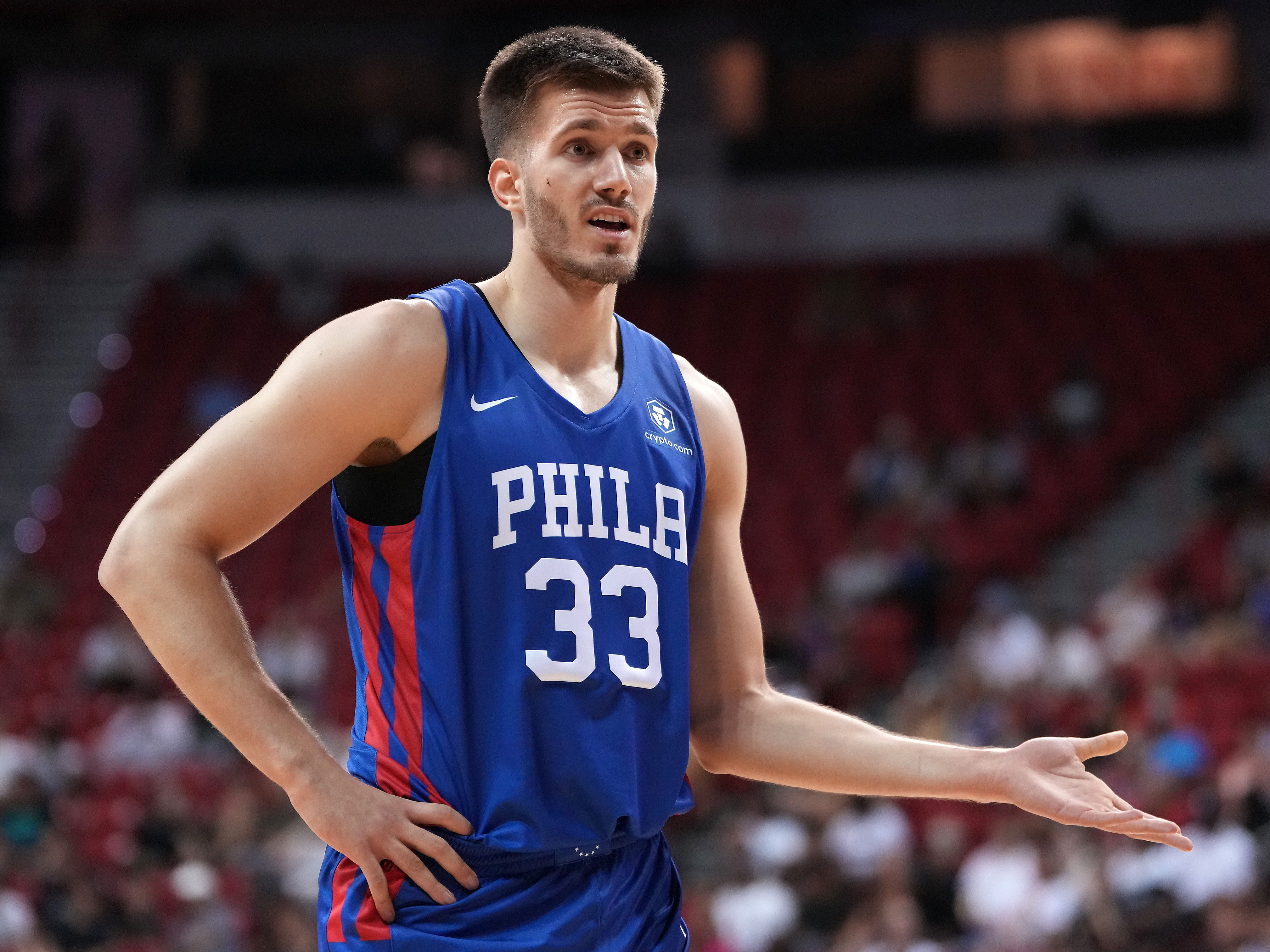 Forward Filip Petrusev (33) reacts during an NBA Summer League game against the Brooklyn Nets. Photo Credit: Imagn