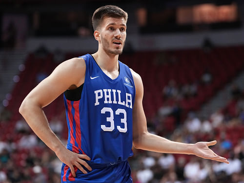 Forward Filip Petrusev (33) reacts during an NBA Summer League game against the Brooklyn Nets. Photo Credit: Imagn