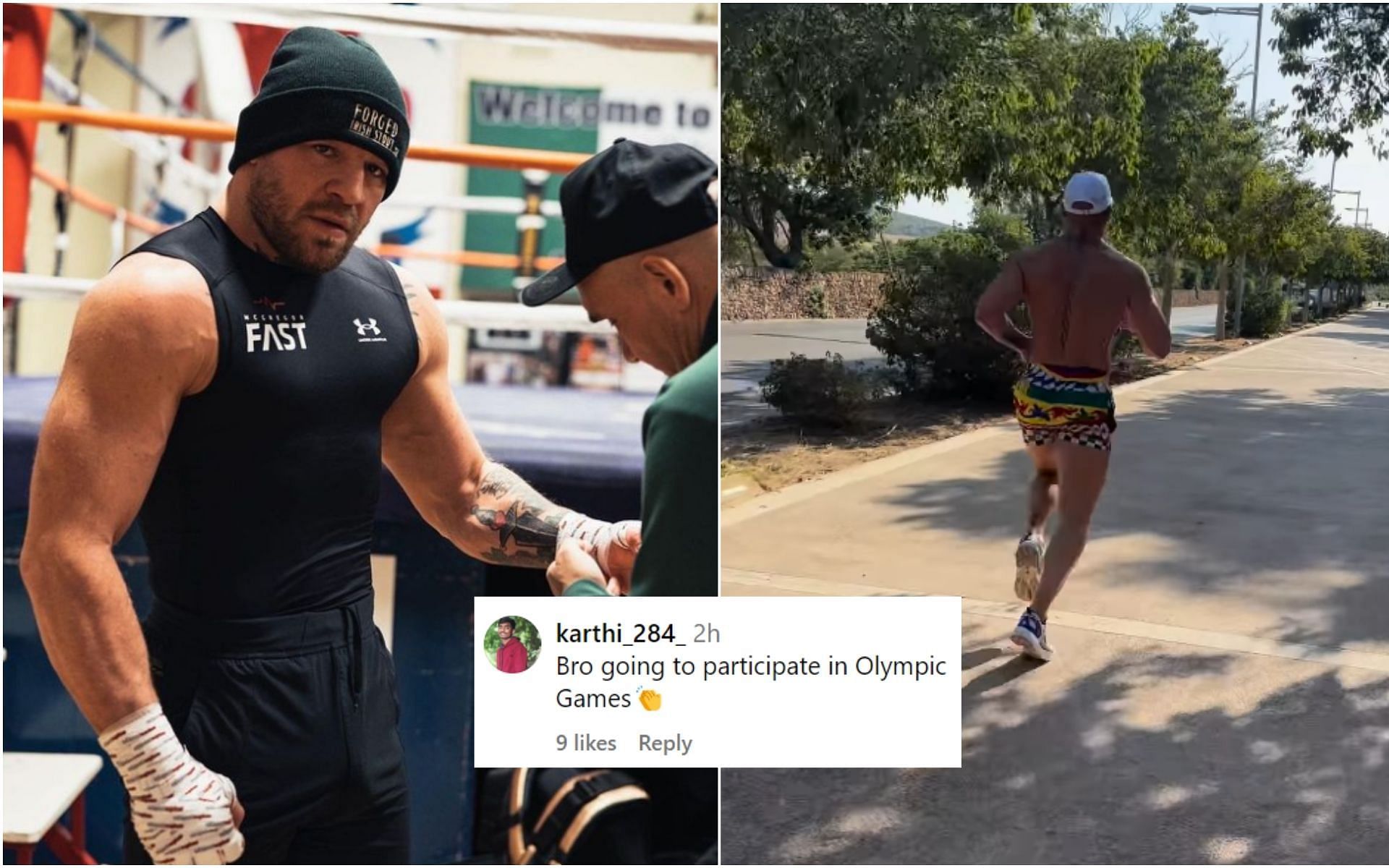 Fans are reacting (insert) to Conor McGregor (left) and his latest running video (right). [Image credit: @thenotoriousmma on Instagram]