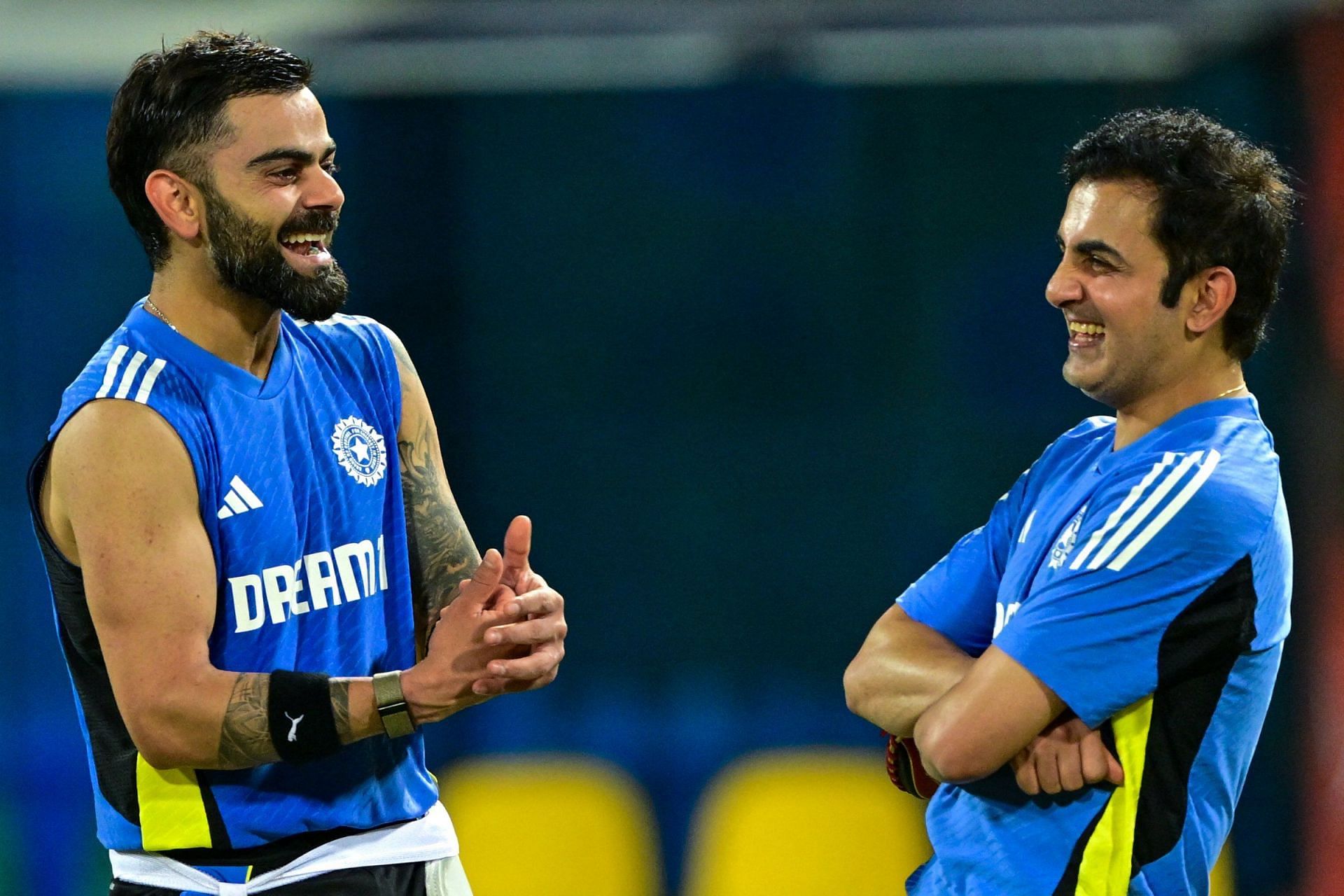 Gautam Gambhir and Virat Kohli share a light moment in the practice sessions (Image credit: ICC on X)