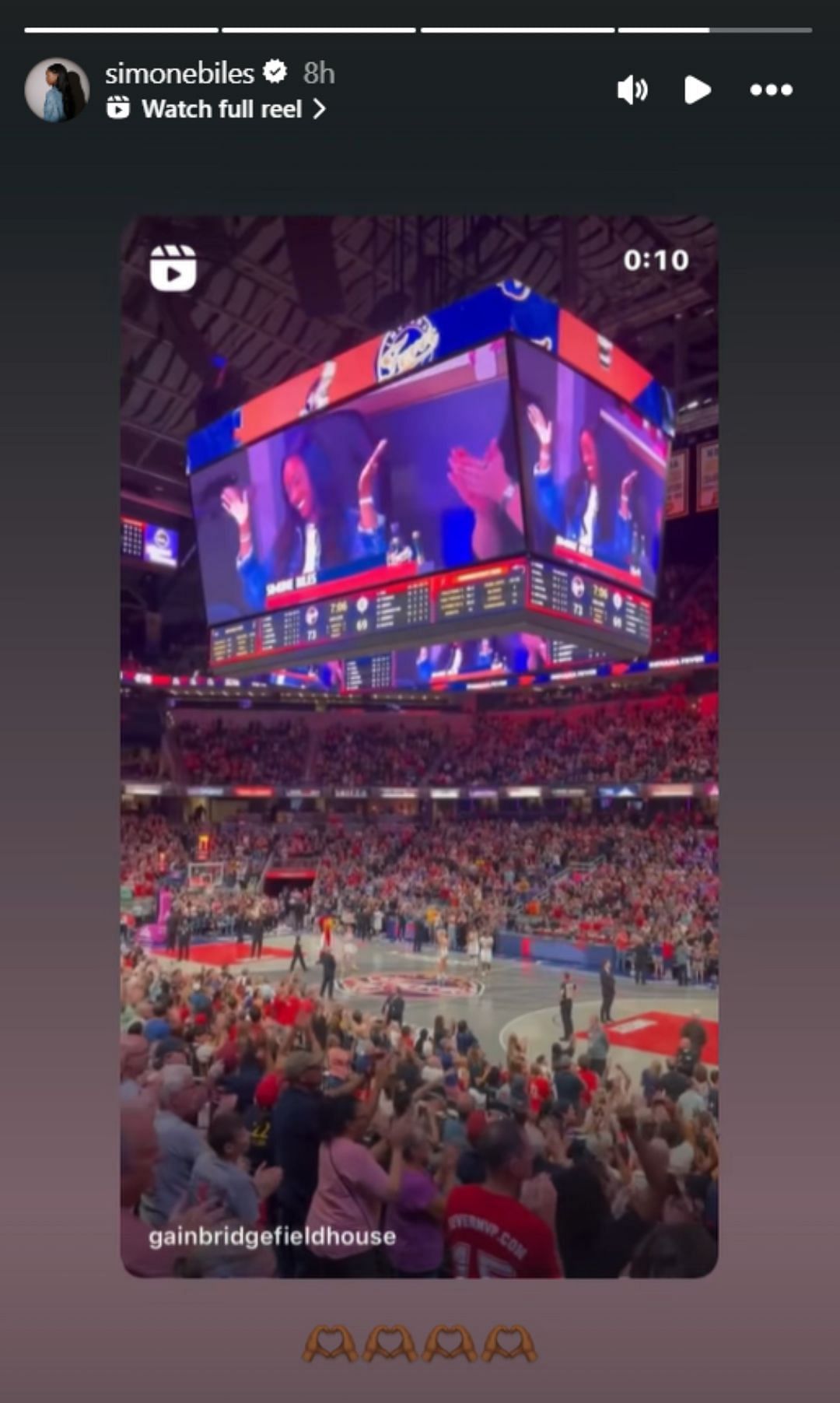 Simone Biles recieves standing ovation from Fever crowd (Image : @simonebiles Instagram)