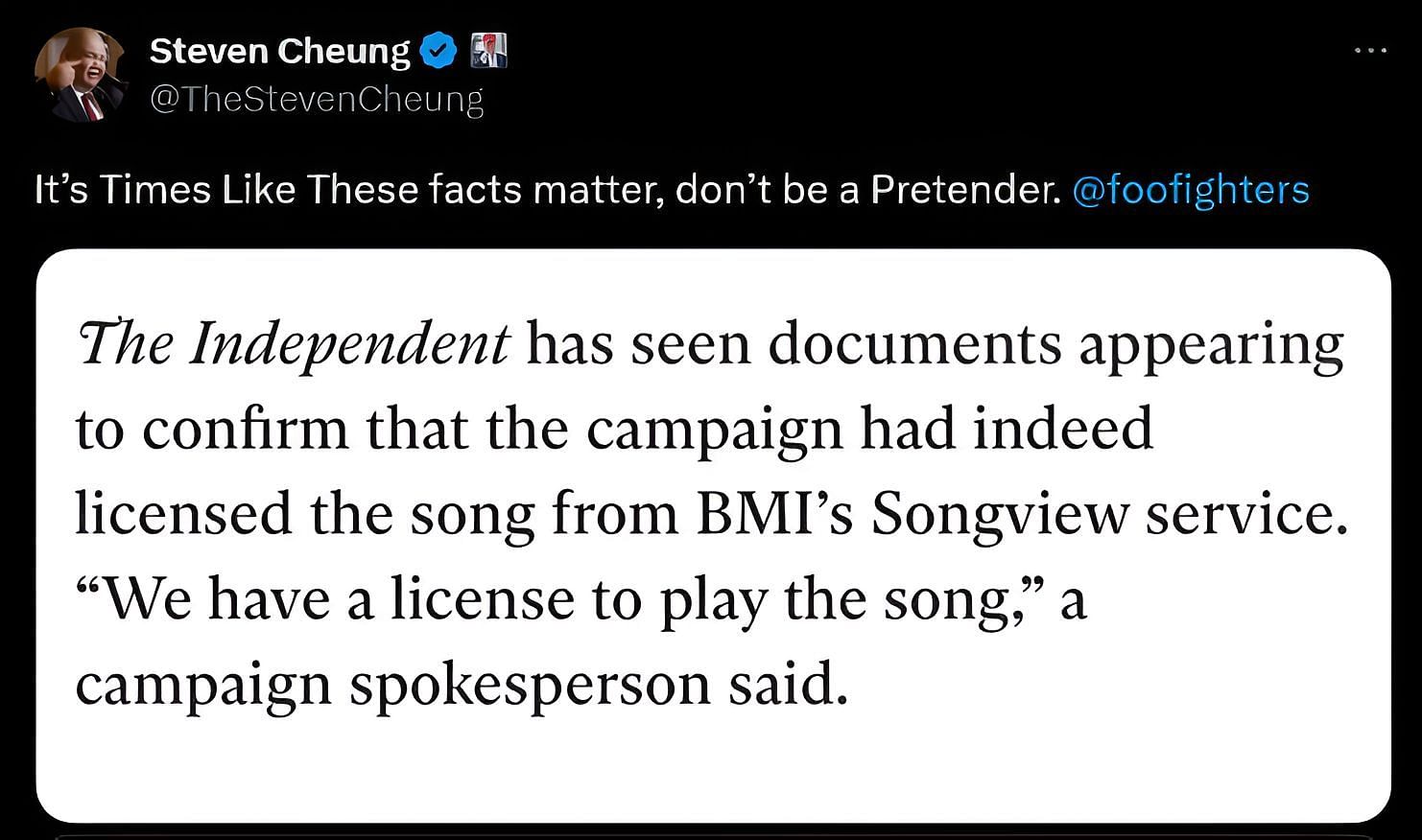 Steven Cheung says &quot;Don&#039;t be a Pretender to Foo Fighter&#039;s (image via @TheStevenCheung on X)