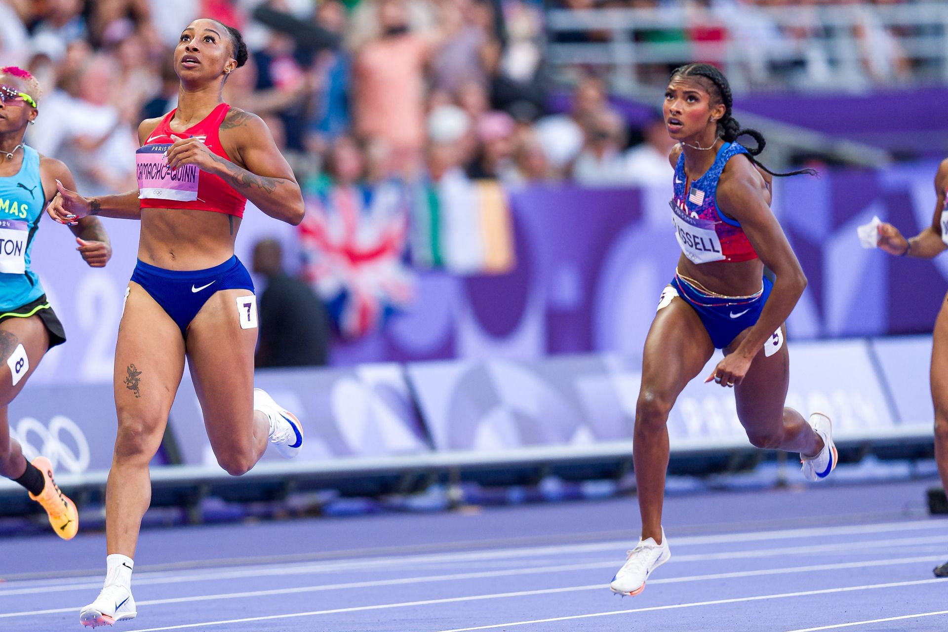 Masai Russell [Right] in action at the finals of the 100m hurdles at Paris Olympics [Image Source: Getty]