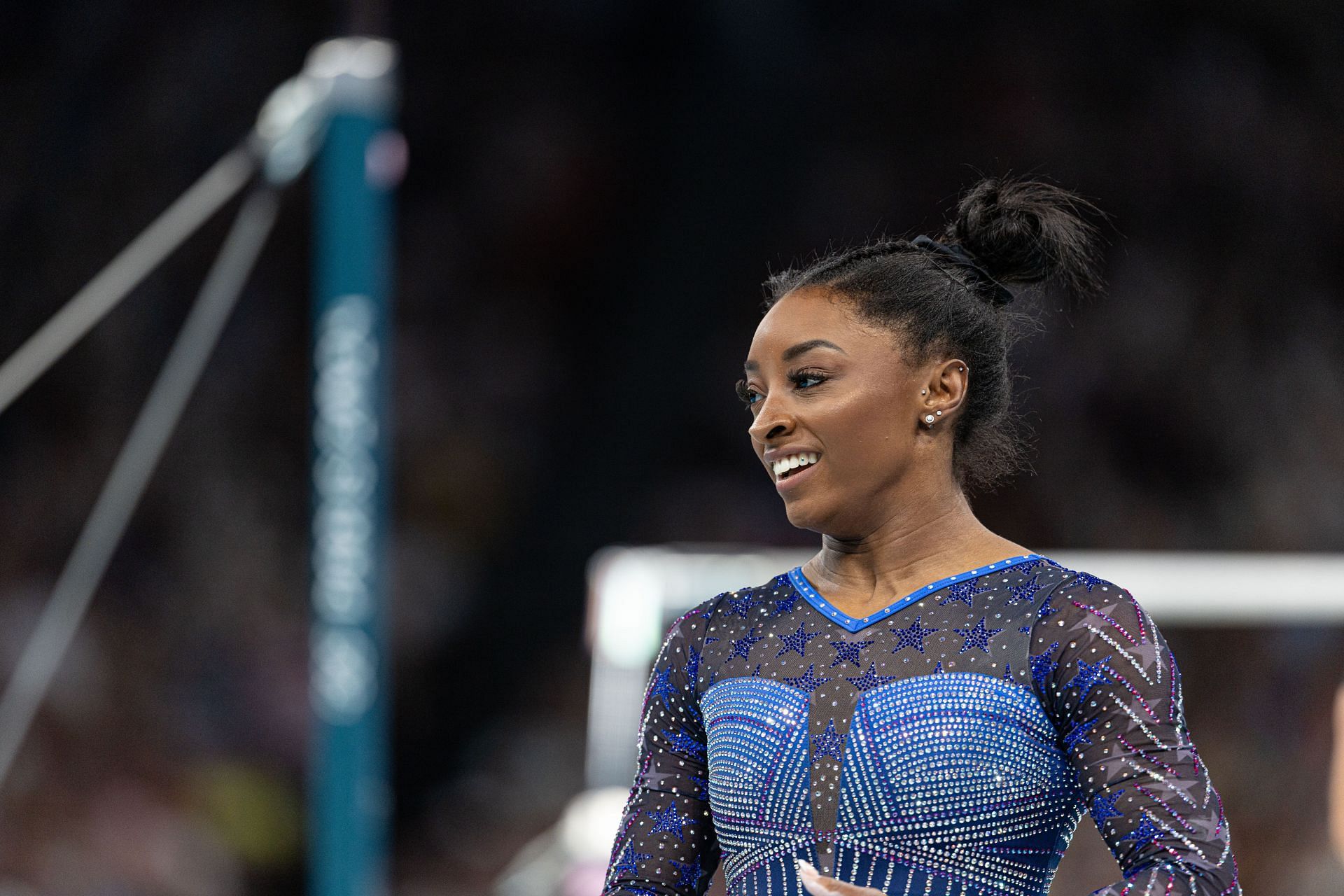 Simone Biles of the United States competes at the artistic gymnastics women&#039;s all-around final at the 2024 Olympic Games in Paris, France. (Photo via Getty Images)