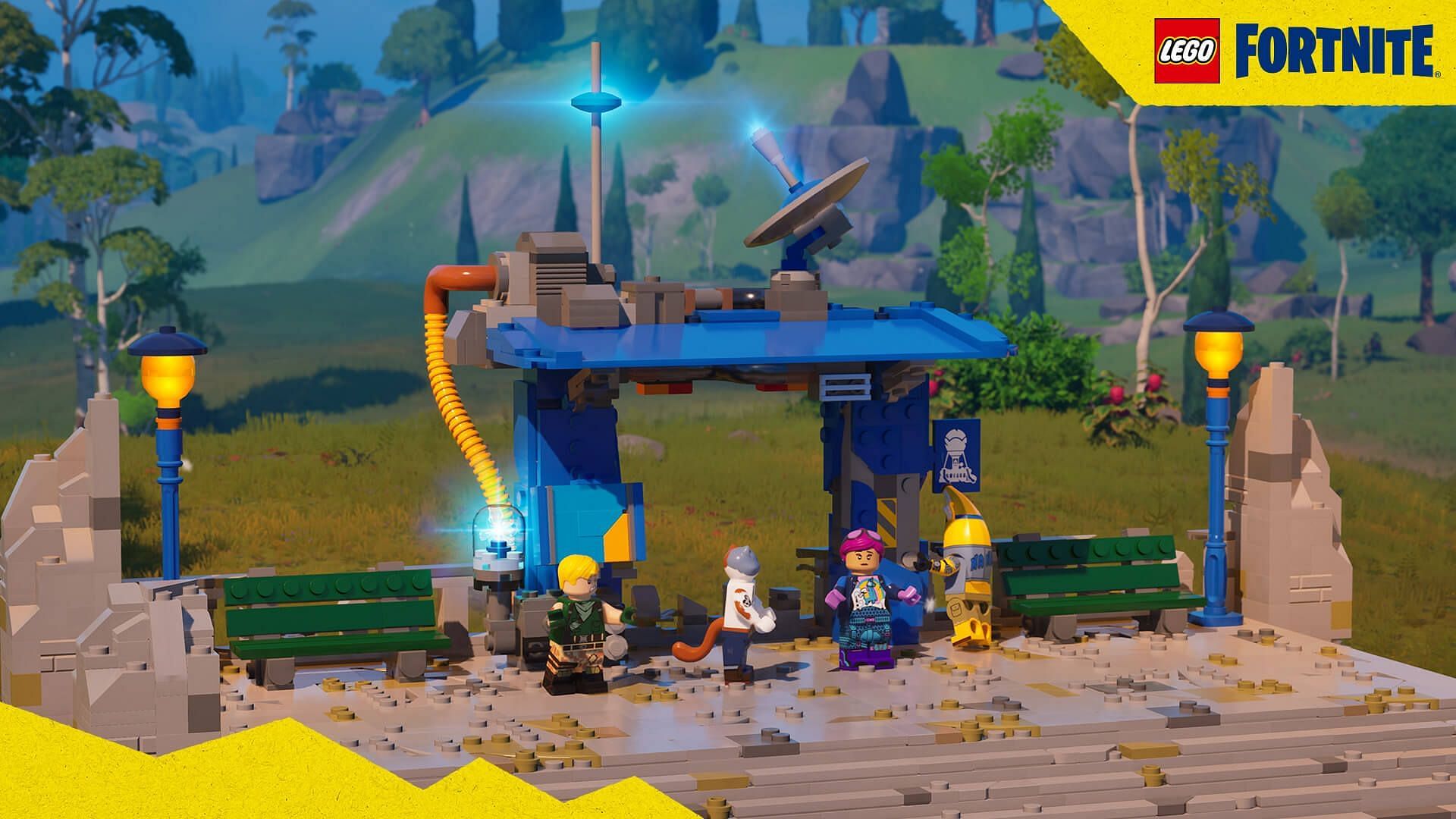 Build your own Battle Bus station after collecting Rift Shards in LEGO Fortnite (Image via Epic Games)