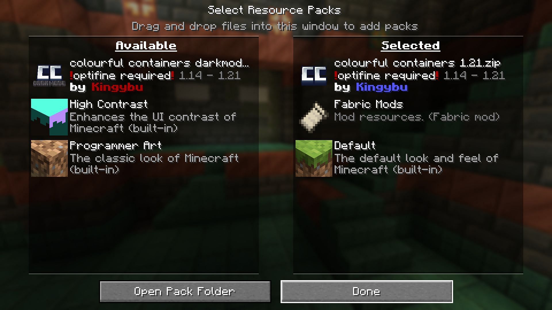 The enabled Colorful Containers resource pack (Image via Mojang)