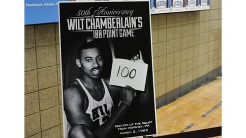 An image of Wilt Chamberlian holding up a poster at Wells Fargo Center in Philadelphia. Photo Credit: Imagn