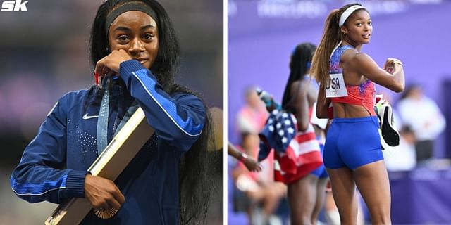 WATCH: Gabby Thomas embraces Sha'Carri Richardson on podium in viral video  following USA's 4×100m relay gold at Paris Olympics