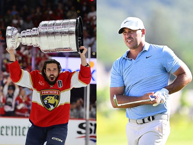 Brooks Koepka shows off his golf drive with Ryan Lomberg’s Stanley Cup