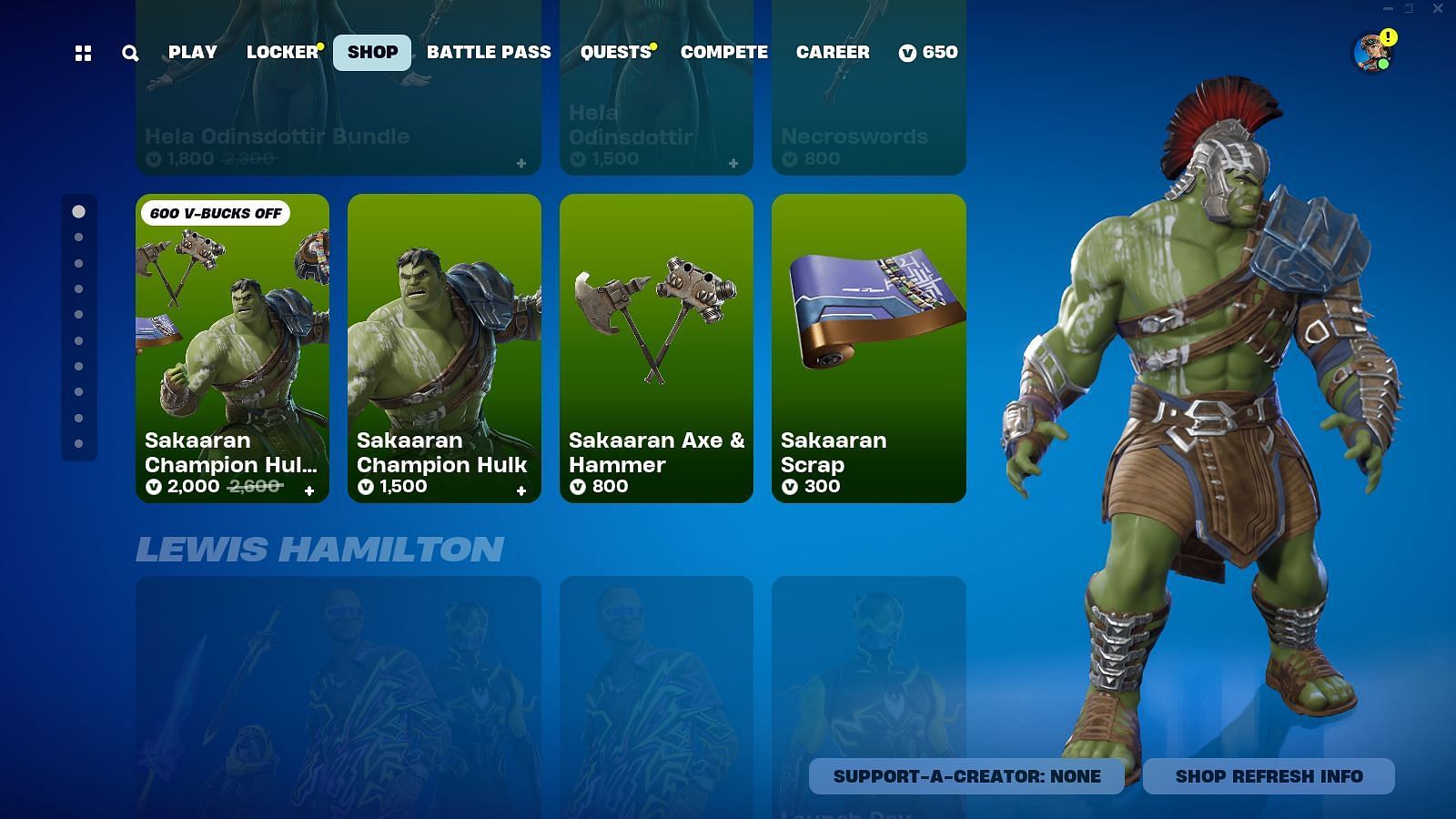 The Sakaaran Champion Hulk skin in Fortnite can be purchased separately (Image via Epic Games)