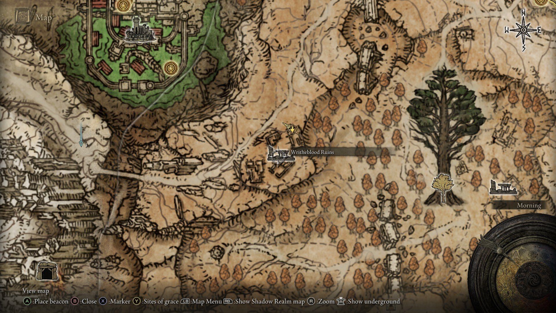 Location of the Writheblood Ruins in Elden Ring (Image via FromSoftware)