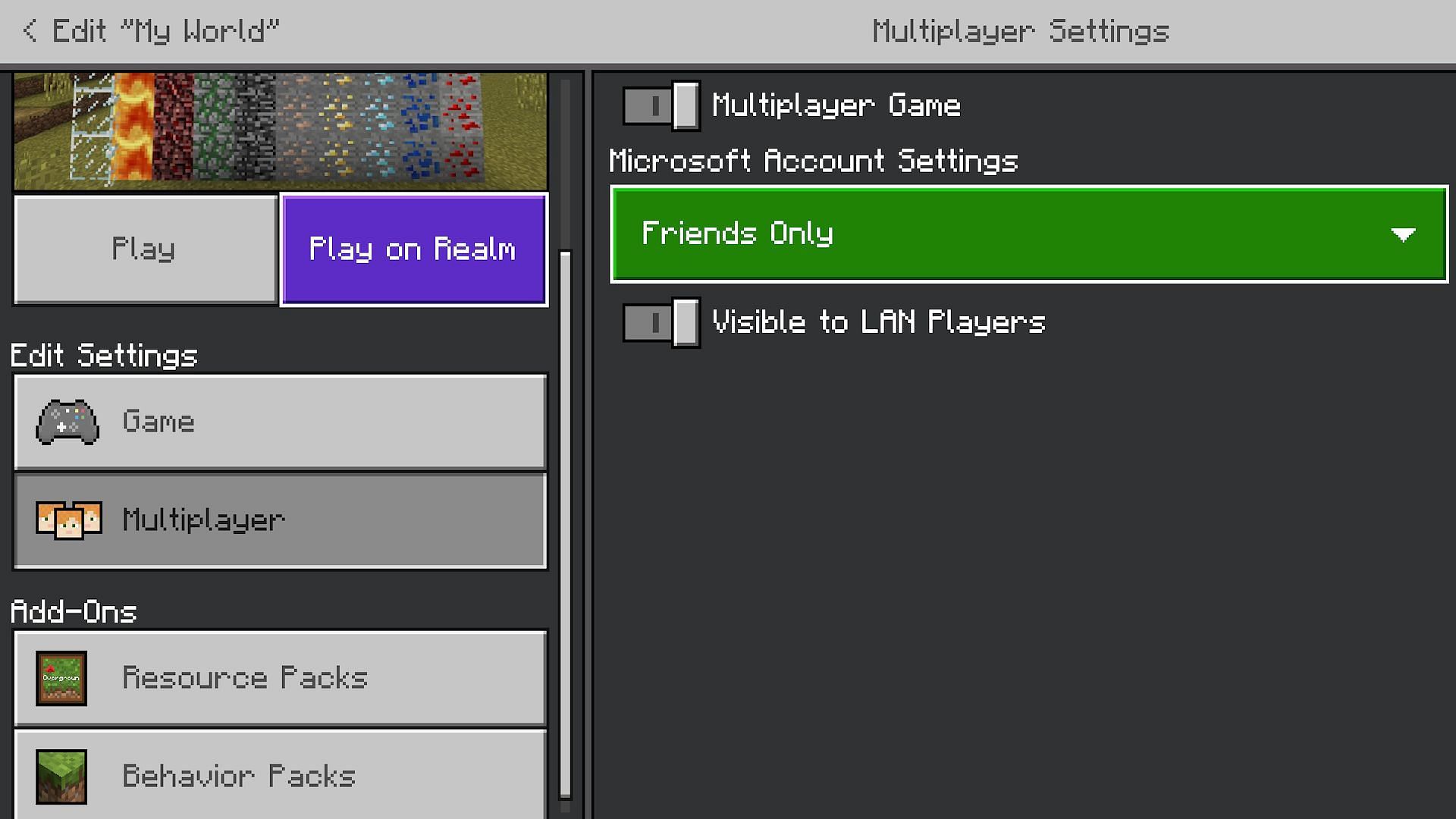 The multiplayer settings on a world in Bedrock (Image via Mojang)