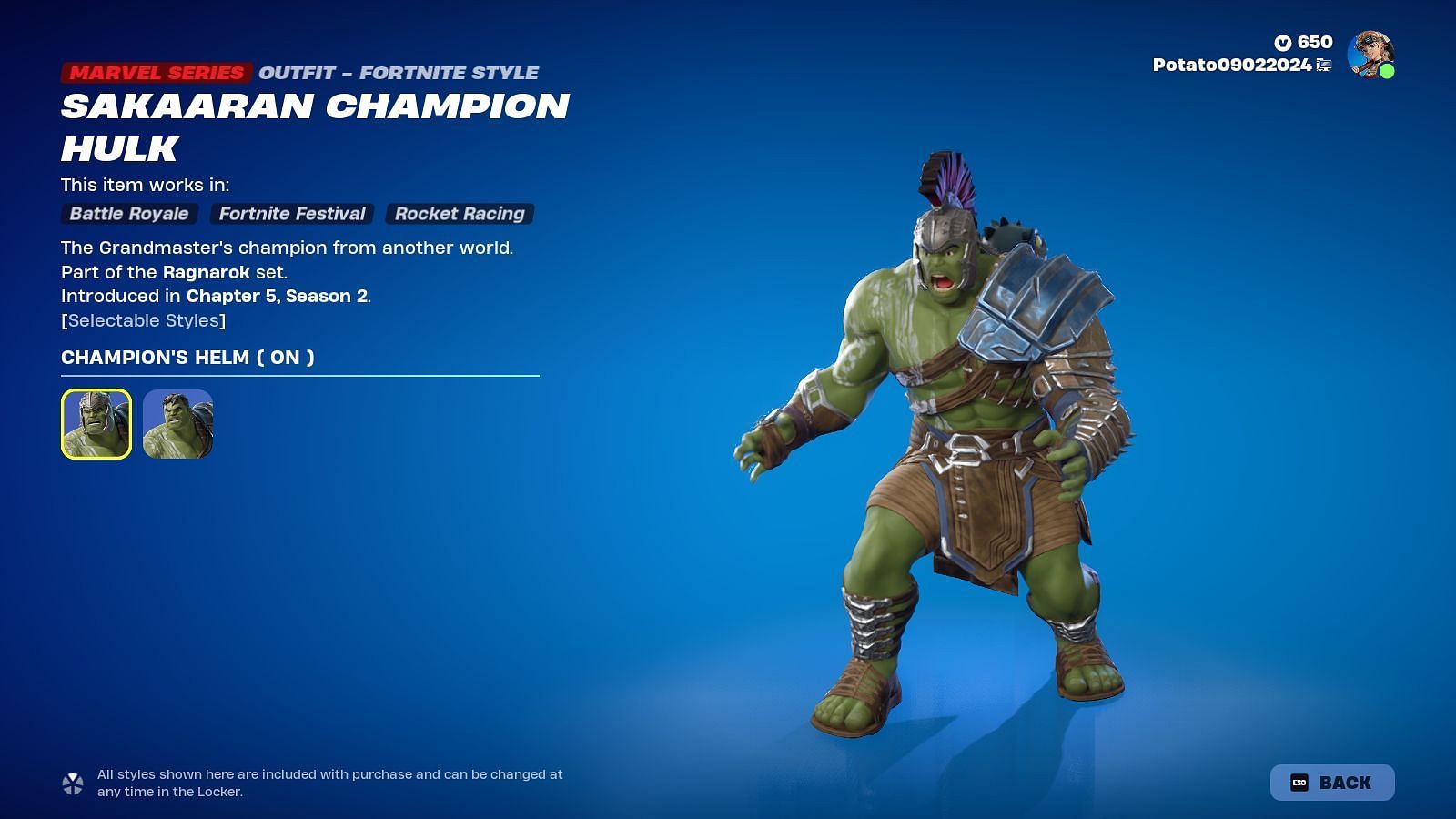 Sakaaran Champion Hulk skin is now in Fortnite (Image via Epic Games)