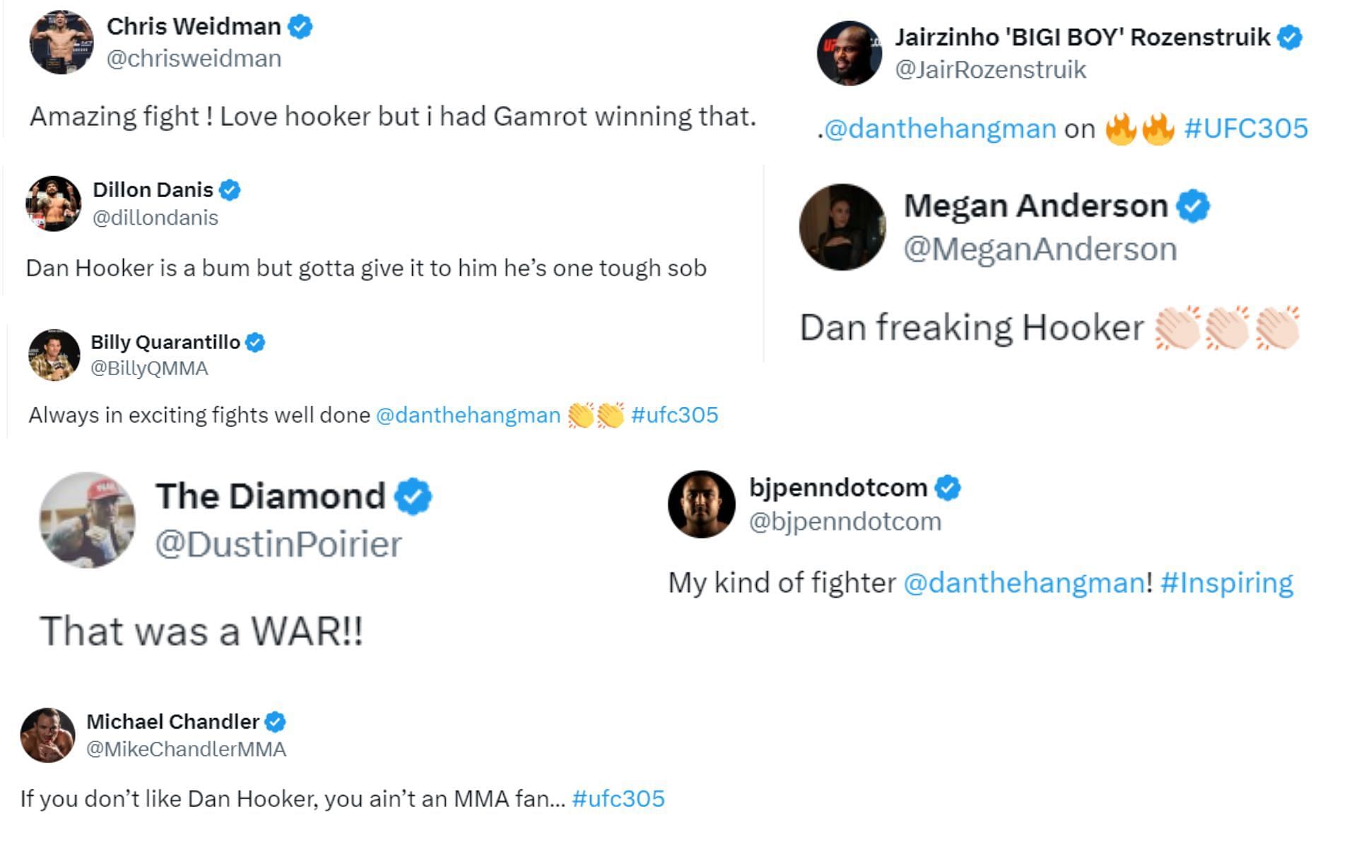 Screenshot of MMA fighters&#039; reactions to Dan Hooker&#039;s win at UFC 305