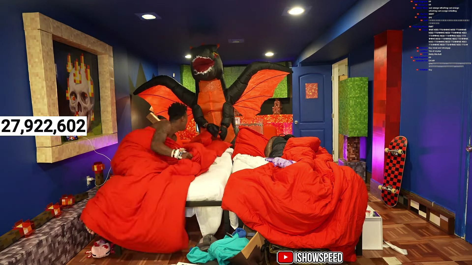 Speed seemed to have the shock of his life, after waking up to Jamal dressed up in a dragon costume (Image via IShowSpeed/YouTube)