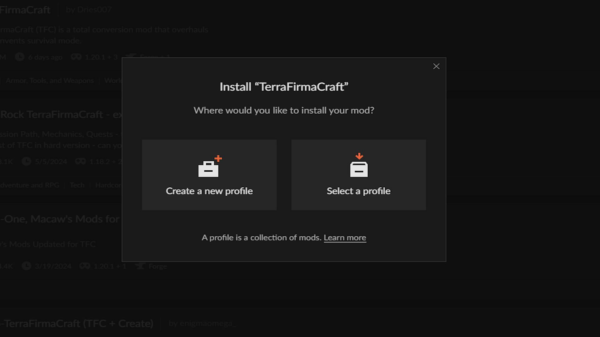 The prompt to install TerraFirmaCraft (Image via CurseForge)