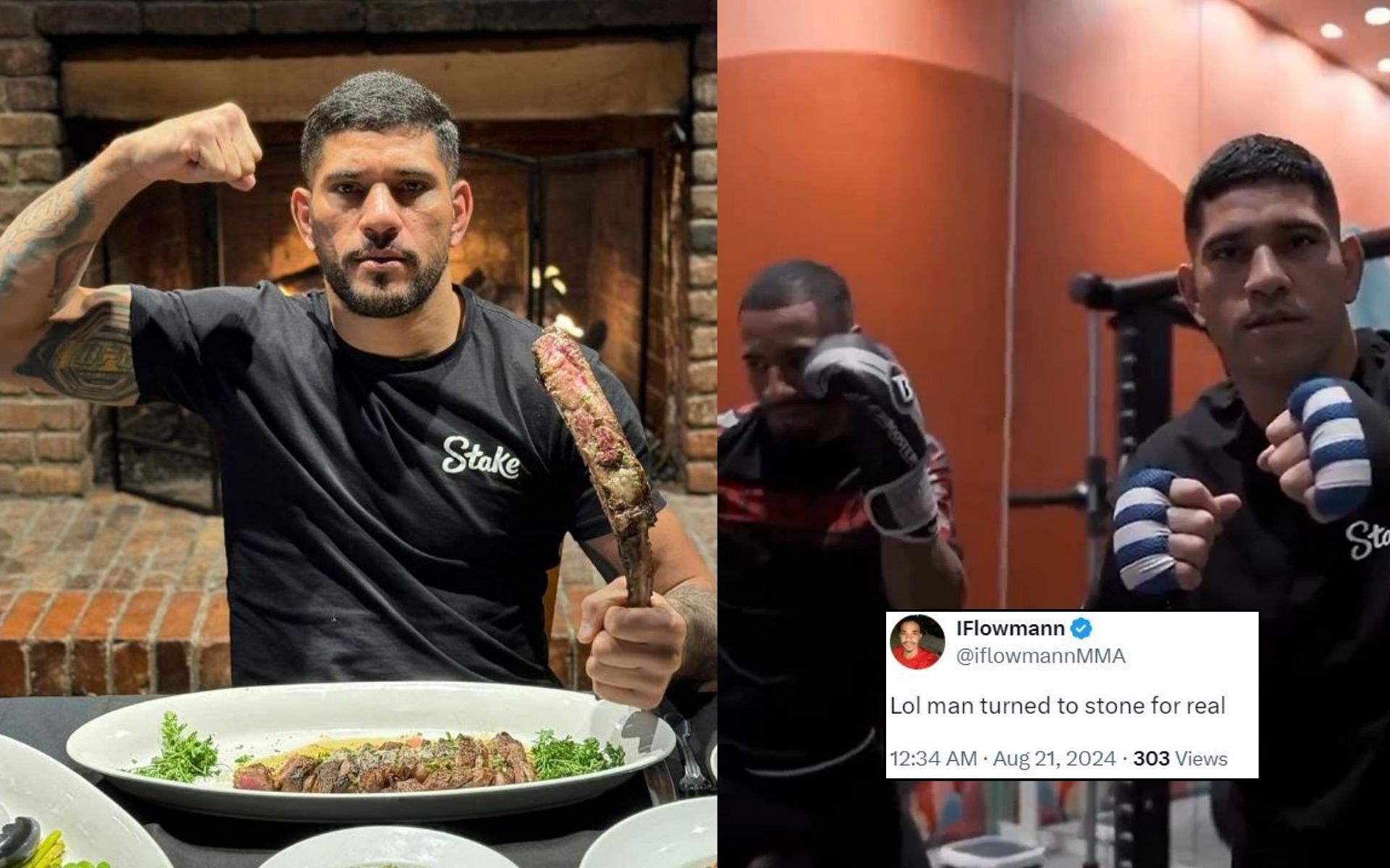 Fans react (insert) to Alex Pereira (left) doing the &quot;English or Spanish&quot; challenge (right). [Image credit: @alexpoatanpereira on Instagram, @ChampsRDS on X]