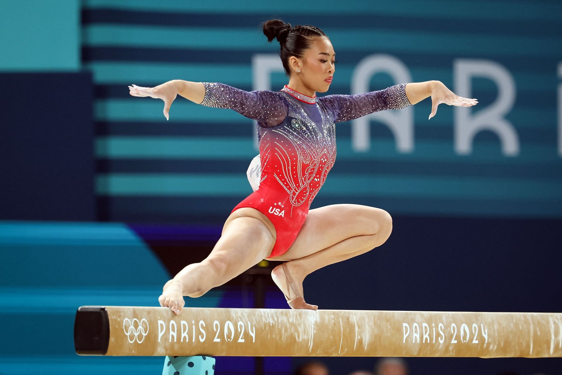 Sunisa Lee competing on the balance beam during the individual all-around finals at the 2024 Paris Olympics [Image Source: Getty]