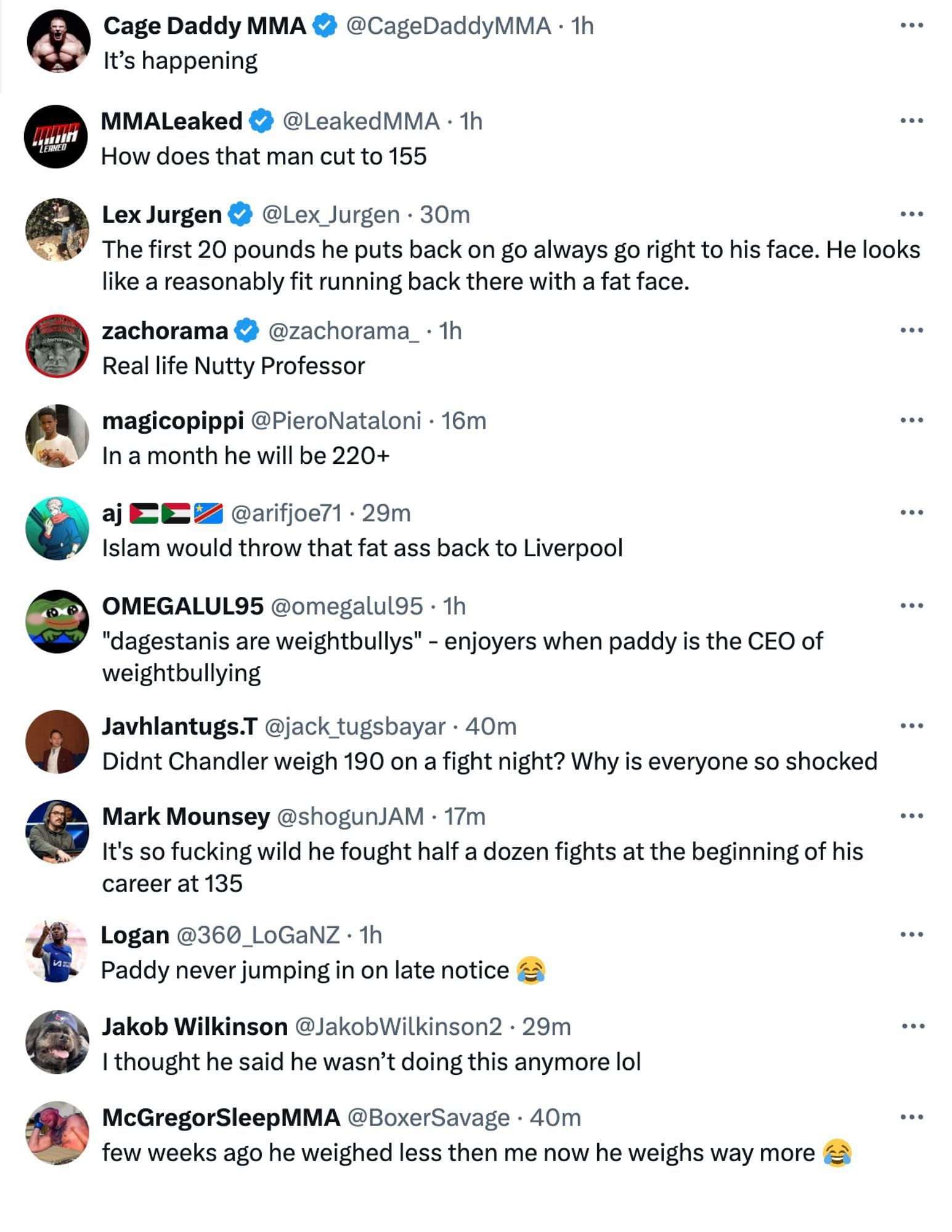 Fans react to Paddy Pimblett gaining over 20 pounds in three weeks after fighting at UFC 304. [via @champrds on X]