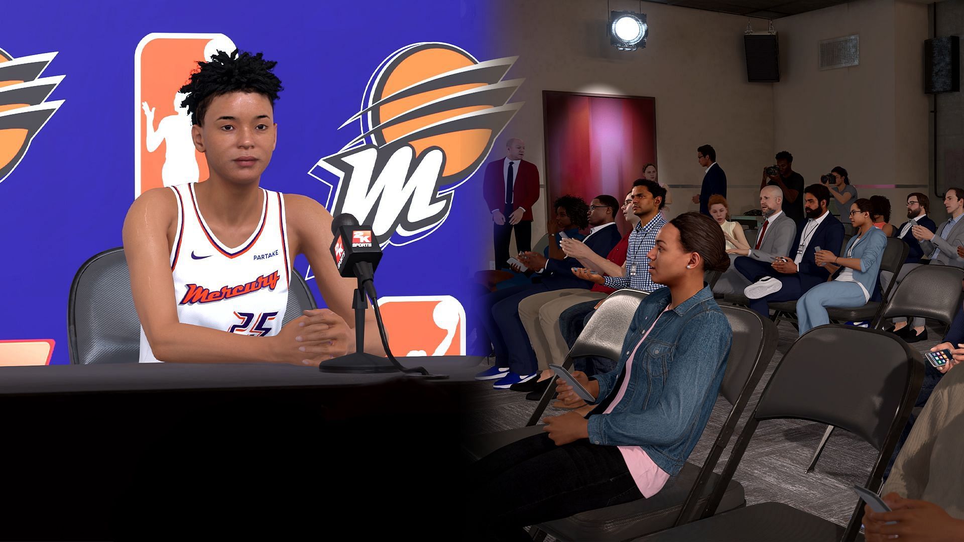 Fully voiced and interactive press conferences can be seen in The W (Image via 2K)