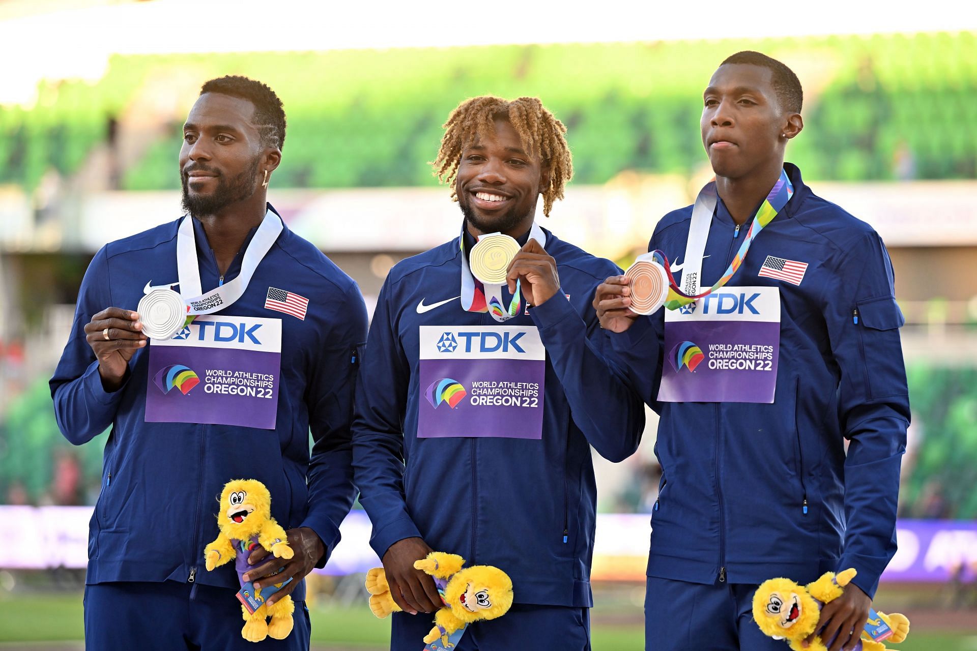 Kenny Bednarek, Noah Lyles, Erriyon Knighton of Team United States at World Athletics Championships 2022. (Source: Getty Images)