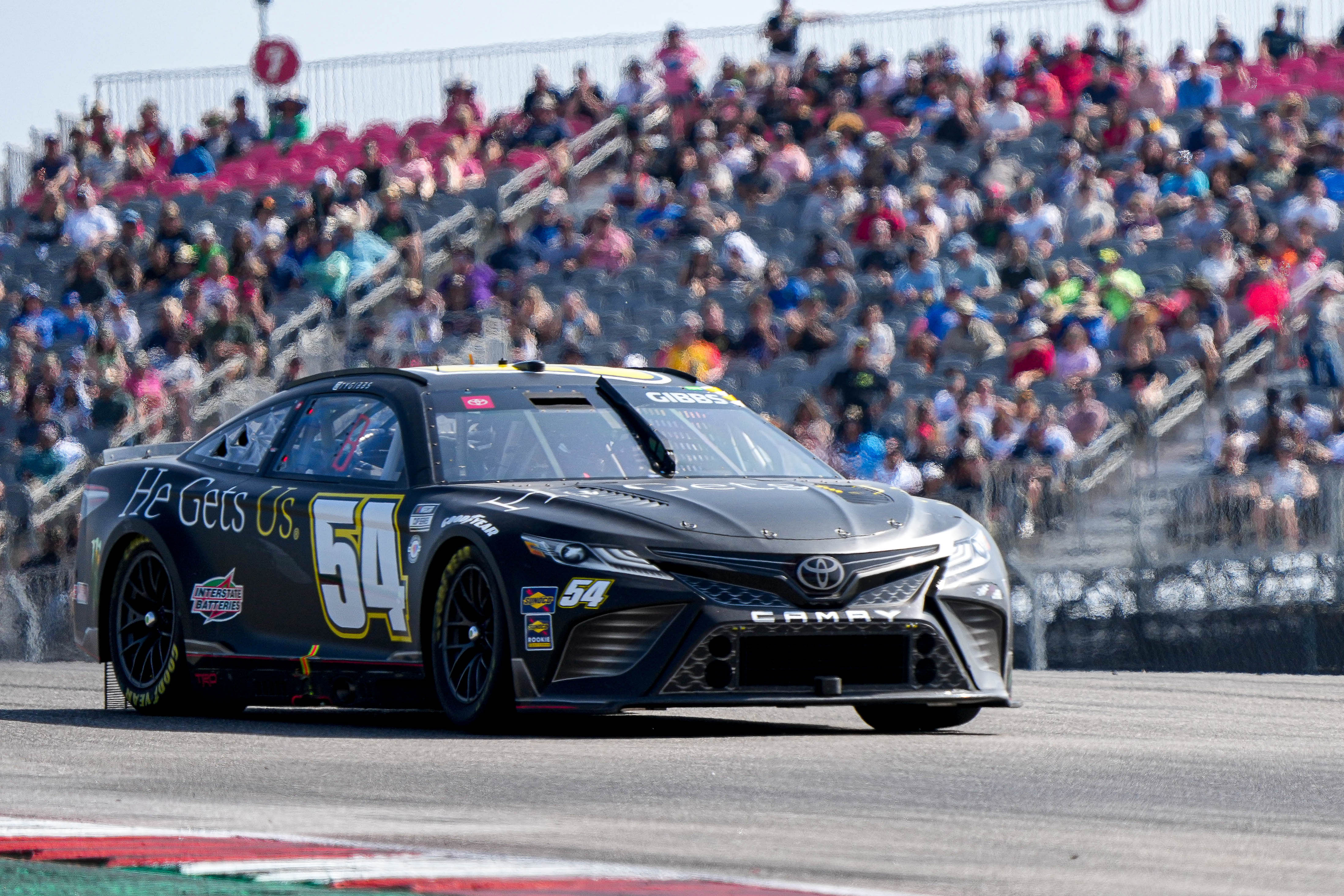 Joe Gibbs Racing driver Ty Gibbs (54) rounds turn one during the NASCAR EchoPark Automotive Grand Prix at the Circuit of the Americas | imagn