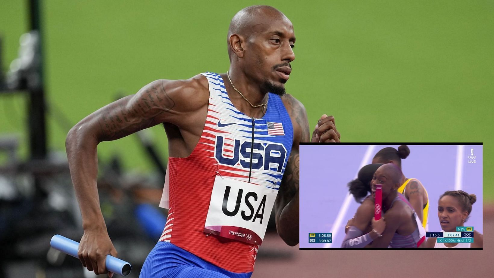 Watch Team USA break the 4x400m mixed relay world record (Image Source: Getty and @NBCOlympics on X)