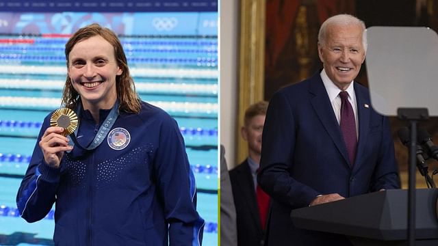 Katie Ledecky chats with President Joe Biden following historic campaign at Paris Olympics 2024- Source: Getty Images 