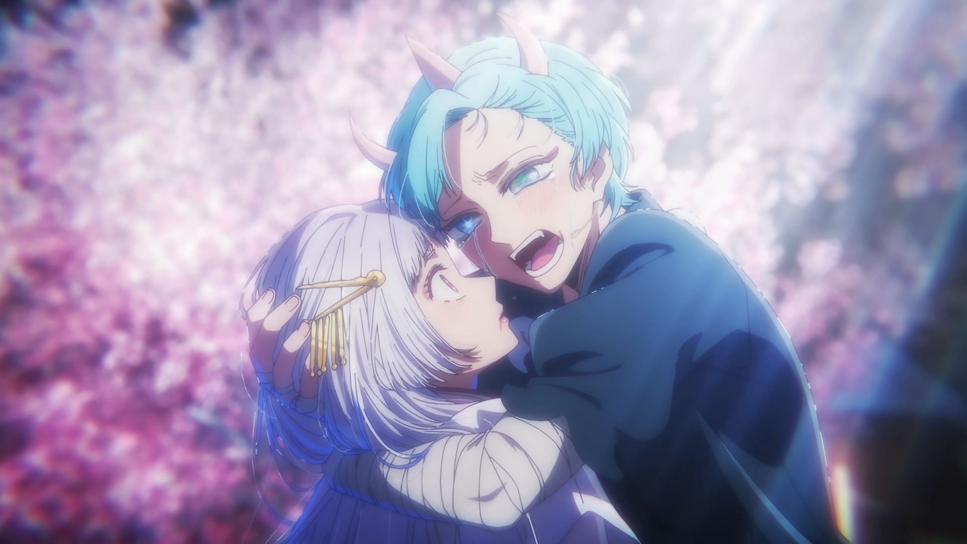 Toki (Aqua) hugging Saya Hime (Akane) (Image via Doga Kobo)