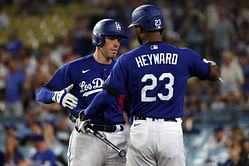 Freddie Freeman celebrates Jason Heyward's clutch 3-run homer that boosted Dodgers' lead over Mariners