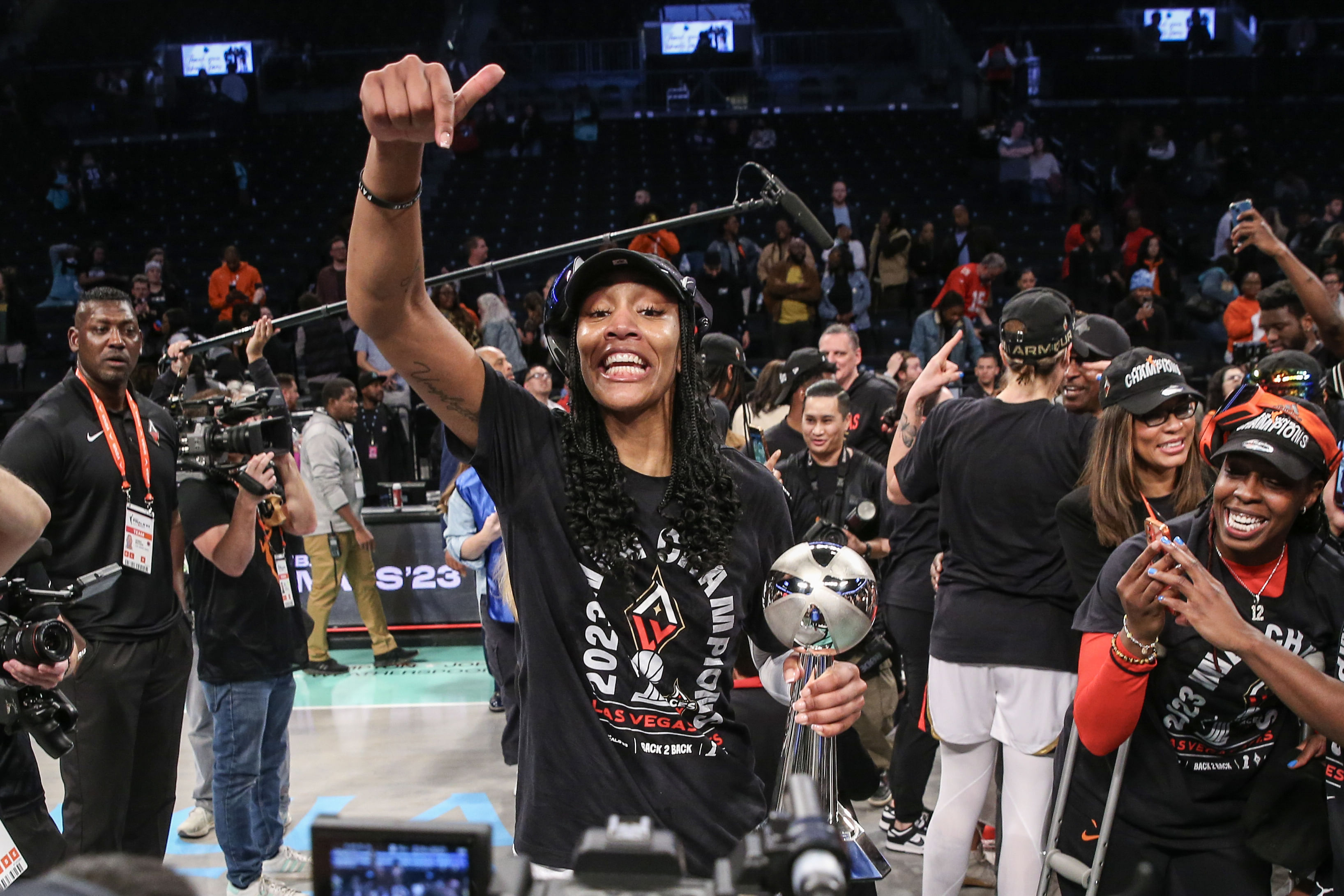 Las Vegas Aces forward A&#039;ja Wilson celebrates after winning the 2023 WNBA Finals at Barclays Center. Photo Credit: Imagn