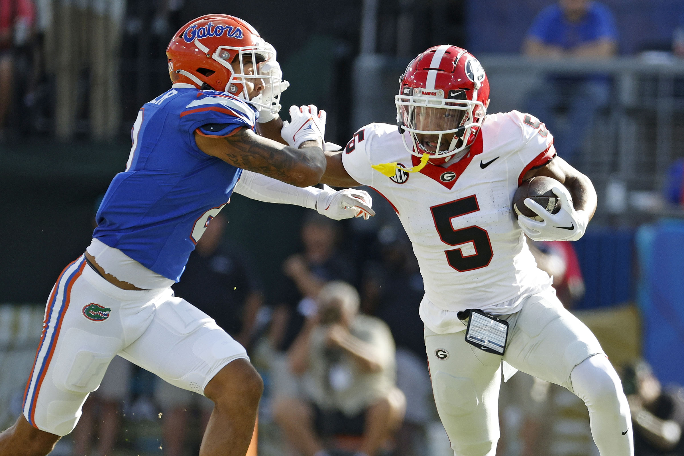 Former Georgia WR Rara Thomas (R) in action against Florida (Source: Imagn)