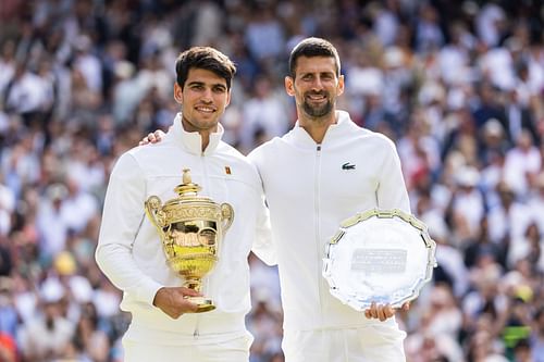 Carlos Alcaraz and Novak Djokovic at Wimbledon 2024. (Photo: Getty)