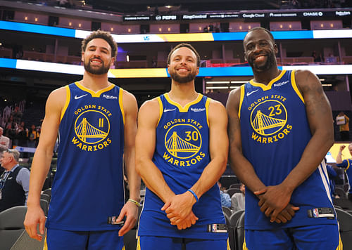 Golden State Warriors guard Klay Thompson, guard Stephen Curry and forward Draymond Green after a game at Chase Center. Photo Credit: Imagn