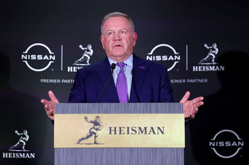 NCAA Football: Heisman Trophy Presentation - Source: Imagn: Dec 9, 2023; New York, New York, USA; LSU head coach Brian Kelly speaks to the media during a press conference in the Astor ballroom at the New York Marriott Marquis after quarterback Jayden Daniels (not pictured) wins the Heisman trophy. Mandatory Credit: Brad Penner-USA TODAY Sports