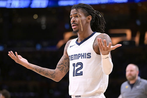 Memphis Grizzlies guard Ja Morant reacts in the second half against the Los Angeles Lakers at Crypto.com Arena. (Credits: IMAGN)