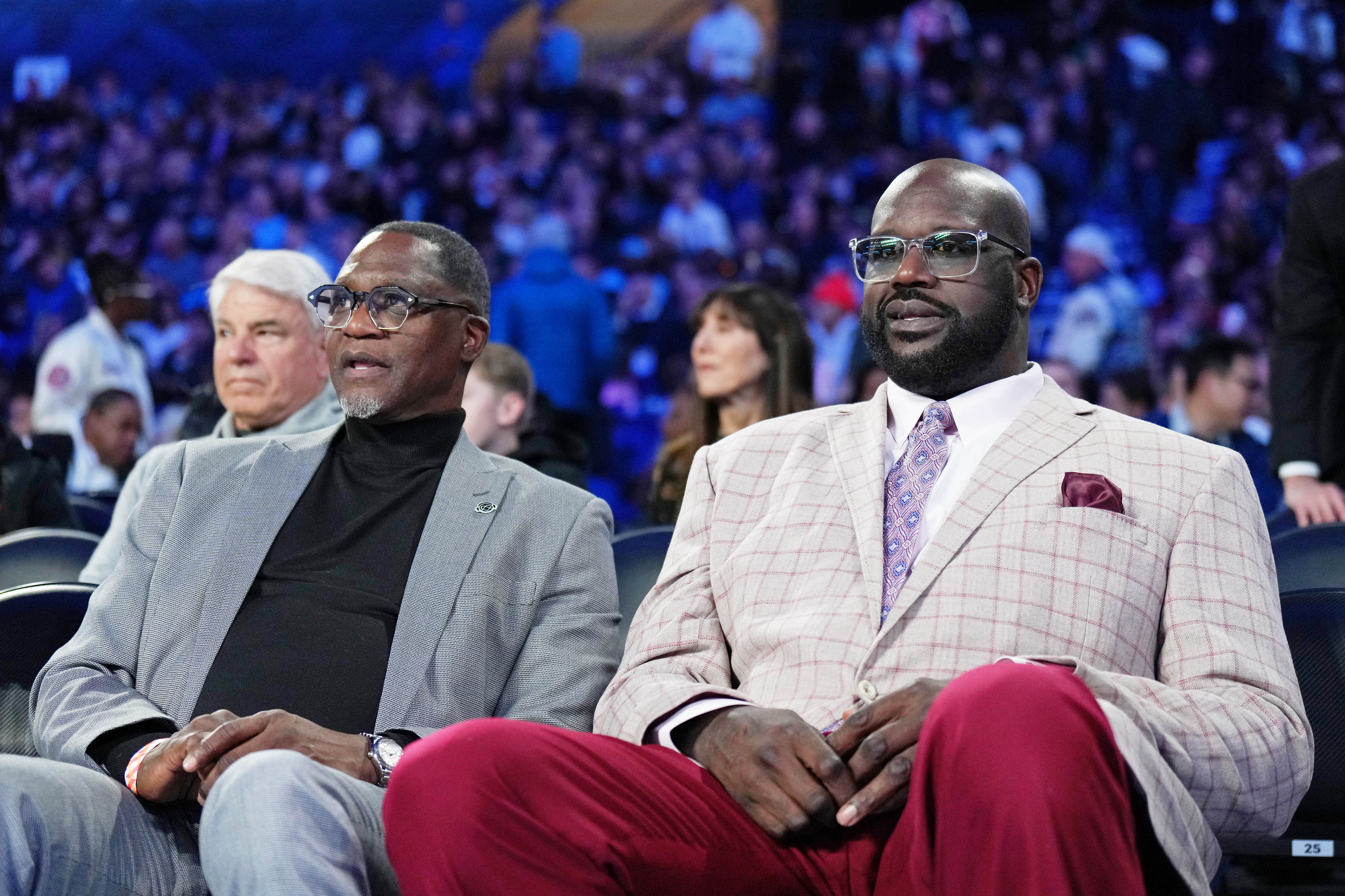 Former basketball players Dominique Wilkins and Shaquille O&#039;Neal attend NBA All Star Saturday Night at Lucas Oil Stadium. Mandatory Credit: Kyle Terada-USA TODAY Sports