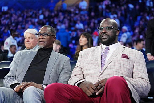 Former basketball players Dominique Wilkins and Shaquille O'Neal attend NBA All Star Saturday Night at Lucas Oil Stadium. Mandatory Credit: Kyle Terada-USA TODAY Sports