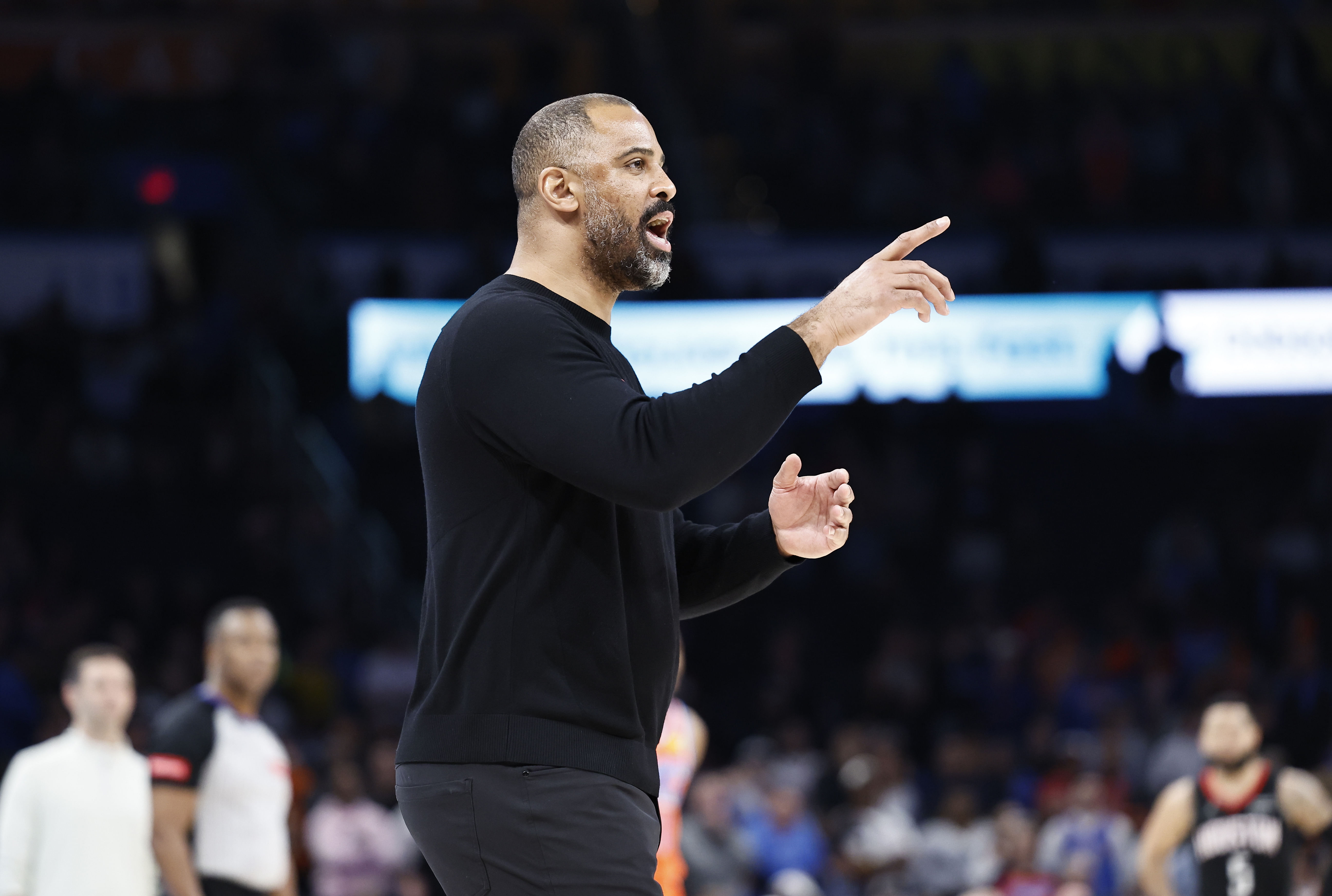 Houston Rockets head coach Ime Udoka gestures to his team on a play against the OKC Thunder Photo Credit: Imagn