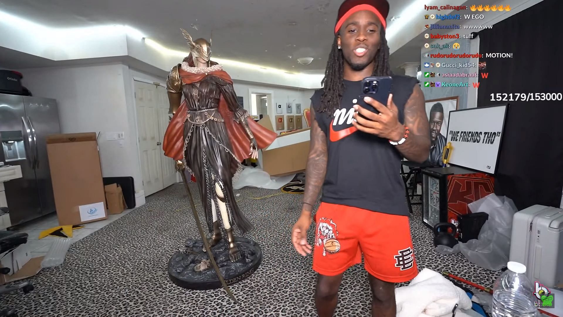 After beating Elden Ring, Bandai Namco, the company responsible for the game, sent Kai a life-size figure of Malenia (Image via xQc Clips/YouTube)